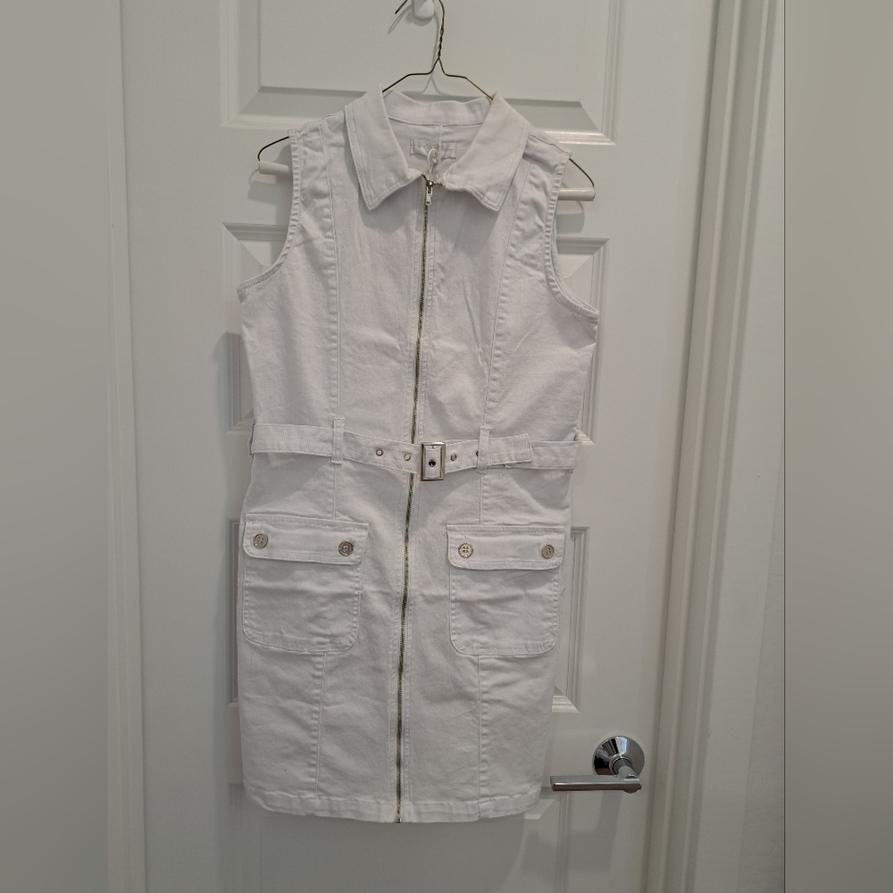 White Sleeveless Zip-Up Midi Dress With Belt